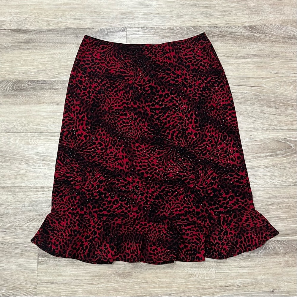 Vintage Y2K 90s red leopard animal print glitter midi skirt